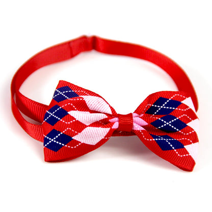 Plaid bow pet scarf accessory with red strap and red-blue-white check bow