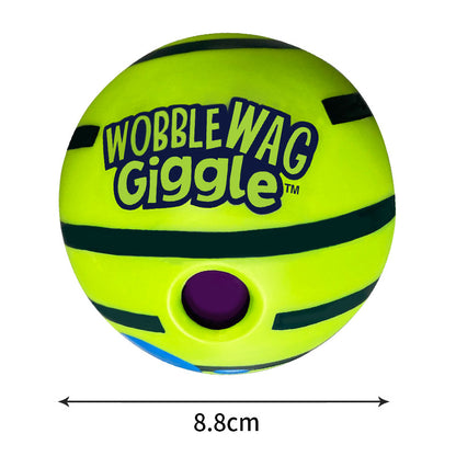 8.8cm neon green dog ball with “Wobble Wag Giggle” text and purple center