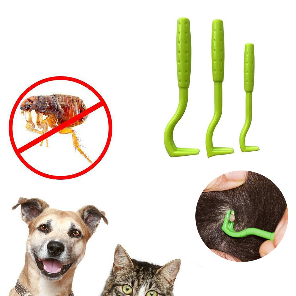 Green tick removal hooks with no-tick symbol and close-up of hook on pet fur