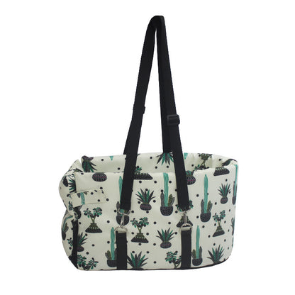Car pet bed with plant-pattern fabric, two carry straps and buckled front