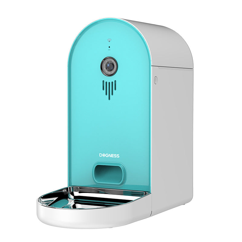 Smart Pet Feeder Tiffany Blue mit Kamera, geöffneter Futterwanne