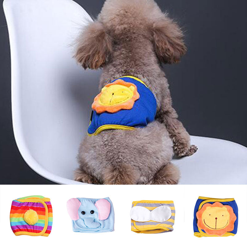 Dog wearing blue lion-pattern anti-harassment safety pants, side view