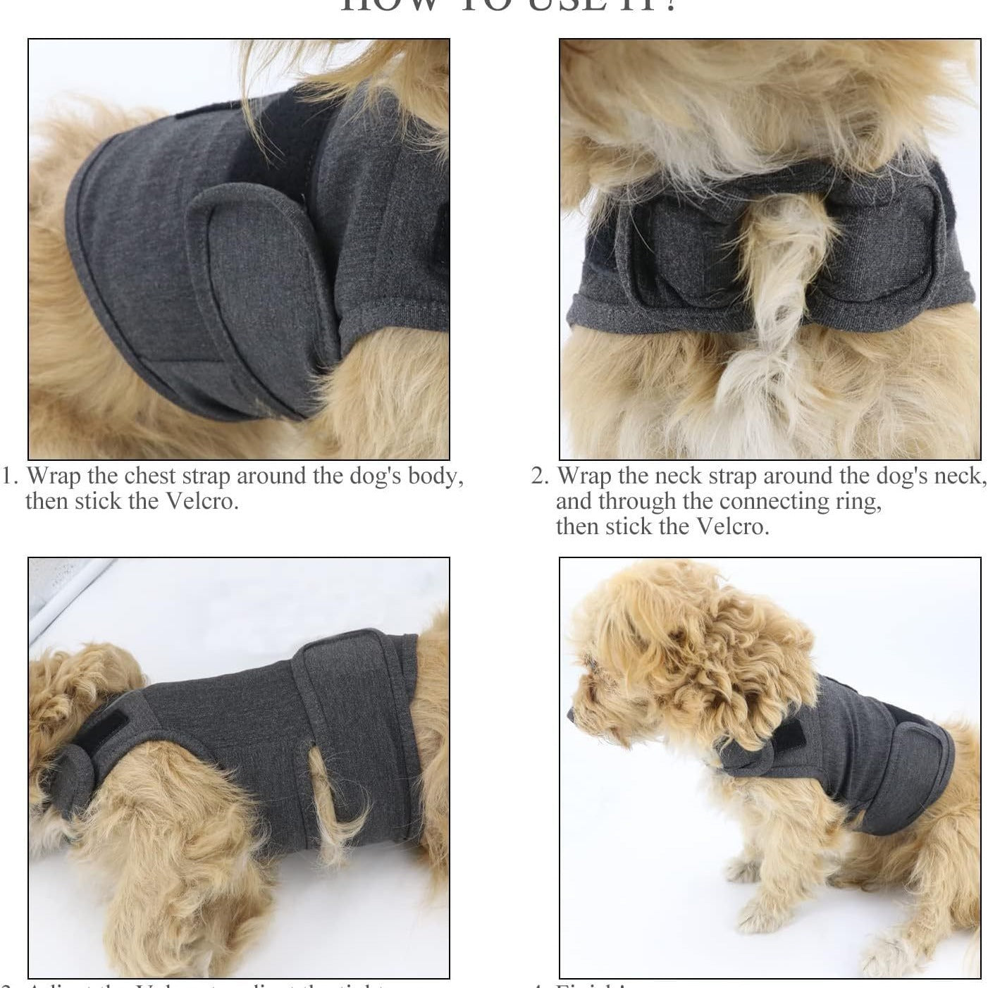 How to use dog anxiety vest: chest strap and neck strap fastening with Velcro