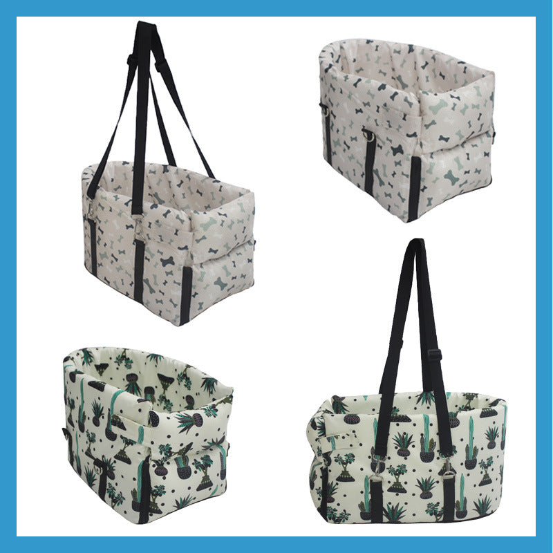 Car pet bed, plant-pattern and bone-pattern options shown with carry handles
