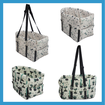 Car pet bed, plant-pattern and bone-pattern options shown with carry handles