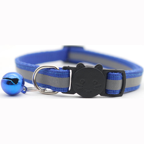 Blue reflective pet collar with detachable safety buckle and bell