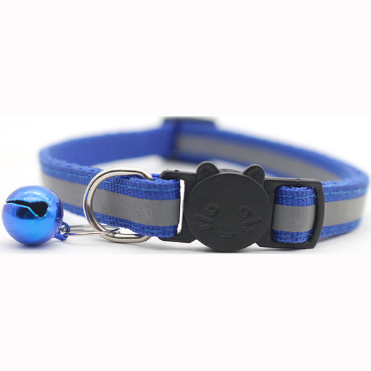 Blue reflective pet collar with detachable safety buckle and bell