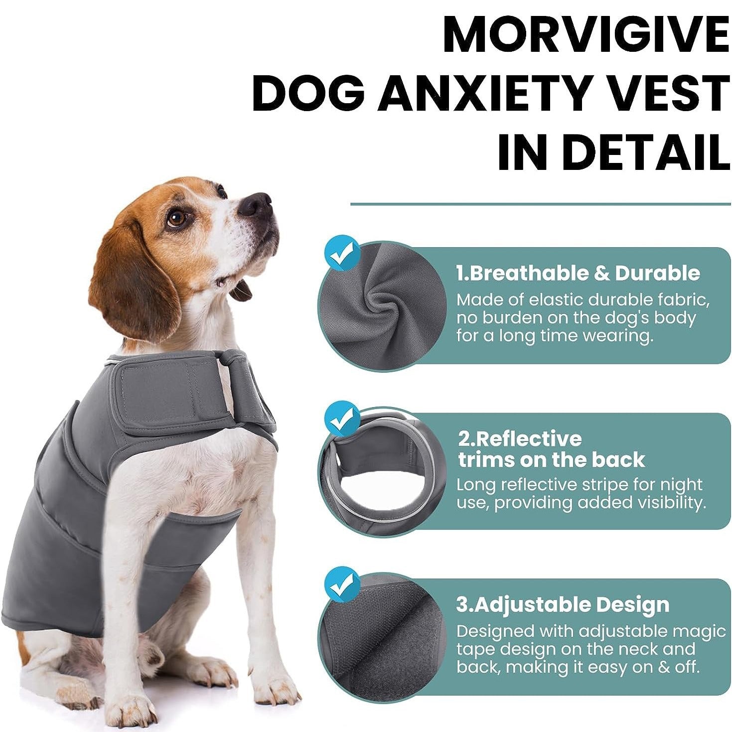 Dog anxiety vest in dark gray with reflective back trim, padded collar