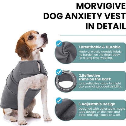 Dog anxiety vest in dark gray with reflective back trim, padded collar
