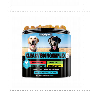 Health Supplement jar: “Clear Vision Gomplex”, “Shiny Coat”, antioxidant support