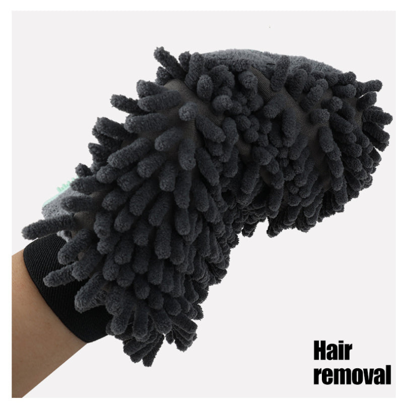 Gray chenille hair-removal pet brush glove with dense scrub texture