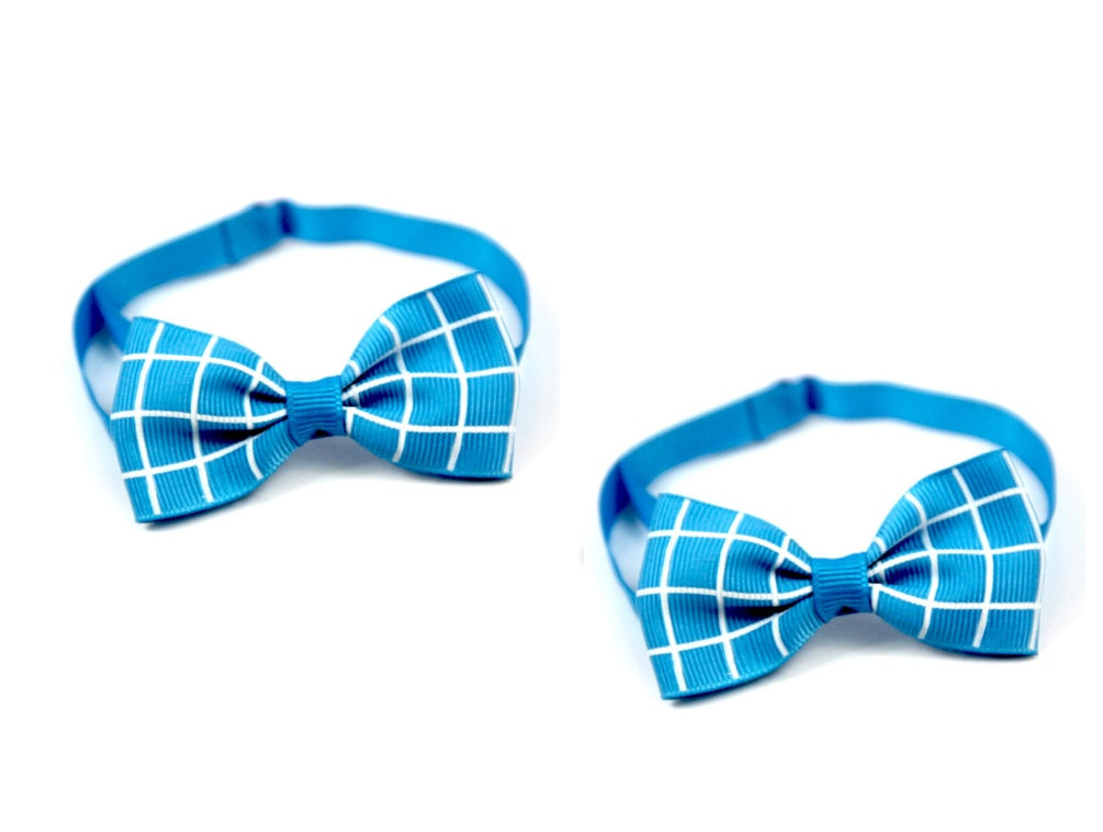 Plaid pet bow tie scarf, blue check, adjustable strap—2pcs