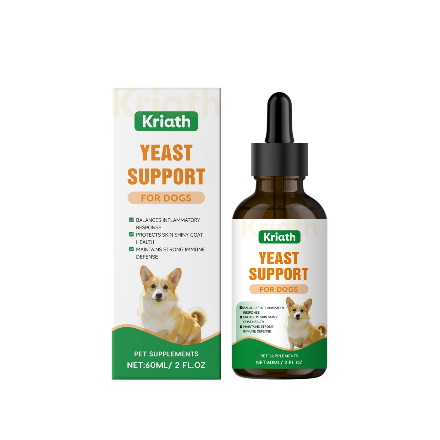 Pet Supplements 60ml yeast support box and dropper bottle for dogs