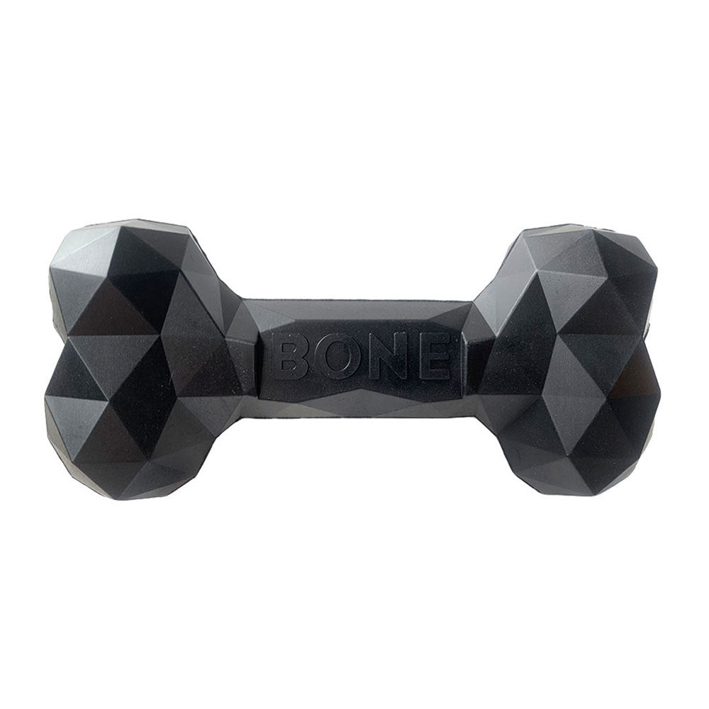 Black geometric rubber bone chew toy with embossed BONE logo