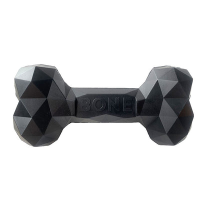 Black geometric rubber bone chew toy with embossed BONE logo