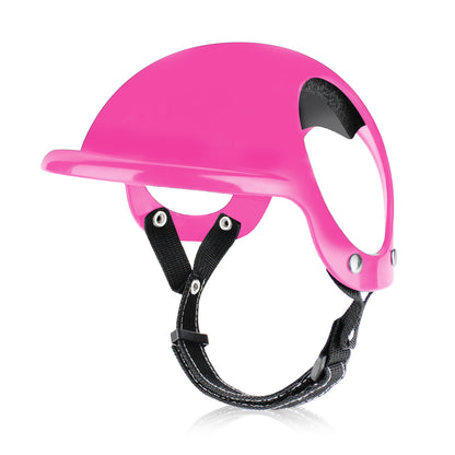 Pink pet motorcycle safety helmet with clear face visor and chin strap (side view)