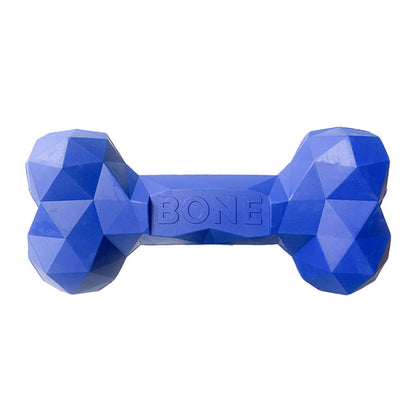 Blue geometric rubber bone chew toy with embossed BONE logo