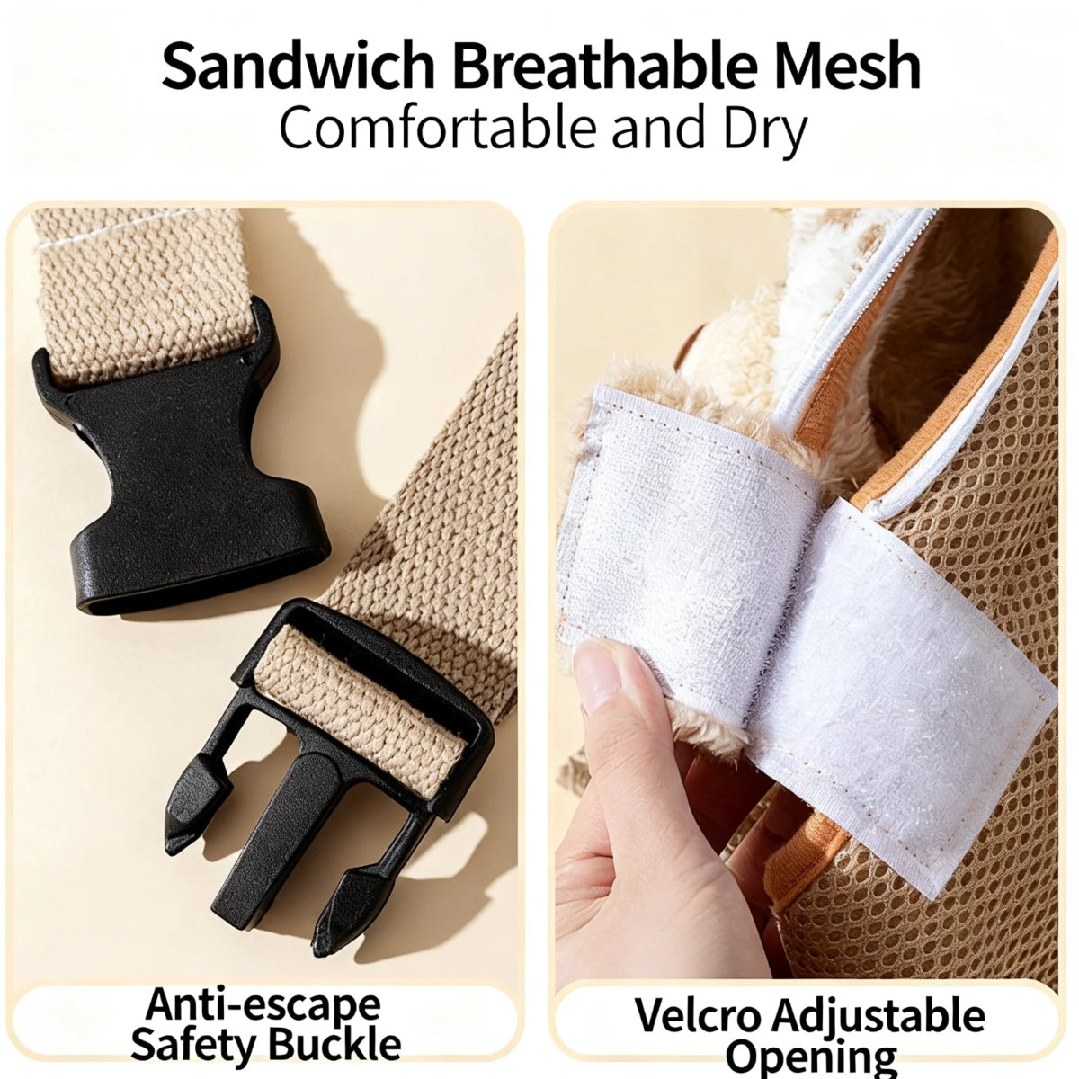 Fleece pet carrier backpack features: breathable mesh, anti-escape buckle, Velcro opening