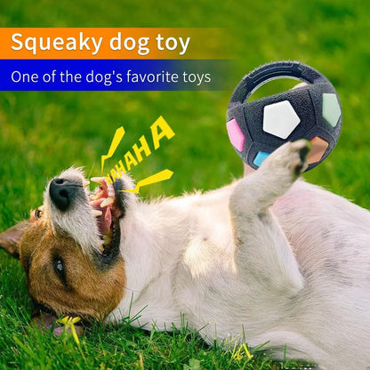 Black football tennis ball-shaped dog toy with colorful hex segments
