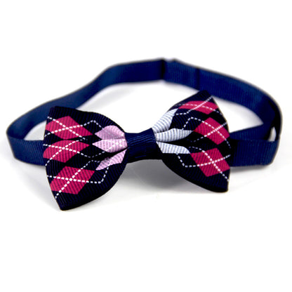 Plaid bow pet scarf accessory with navy strap and pink-white check bow