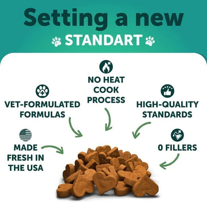 Brown chew treats heap with no heat cook process and 0 fillers icons