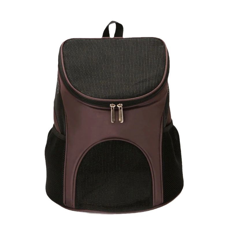 Coffee-brown dog backpack carrier with front mesh window, center zipper and side padding
