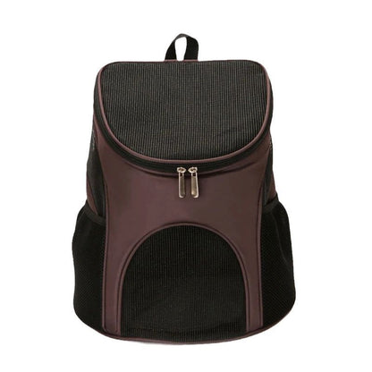 Coffee-brown dog backpack carrier with front mesh window, center zipper and side padding