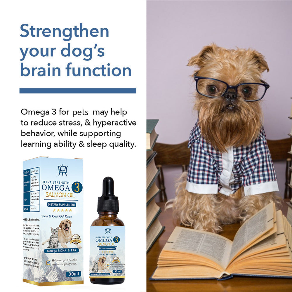 Salmon Oil Pet Care Omega 3 supplement bottle beside 30ml box
