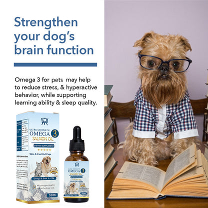 Salmon Oil Pet Care Omega 3 supplement bottle beside 30ml box