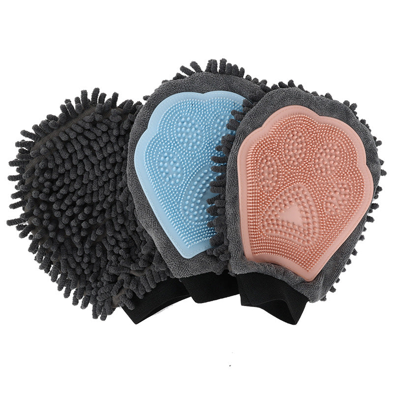 Pet bathing brush glove, gray chenille with blue and pink silicone brush pads