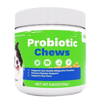Probiotic chews supplement jar with green label and white lid for dogs