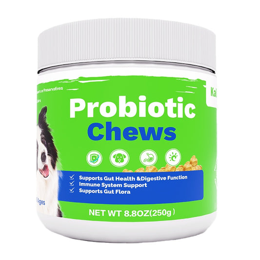 Probiotic chews supplement jar with green label and white lid for dogs