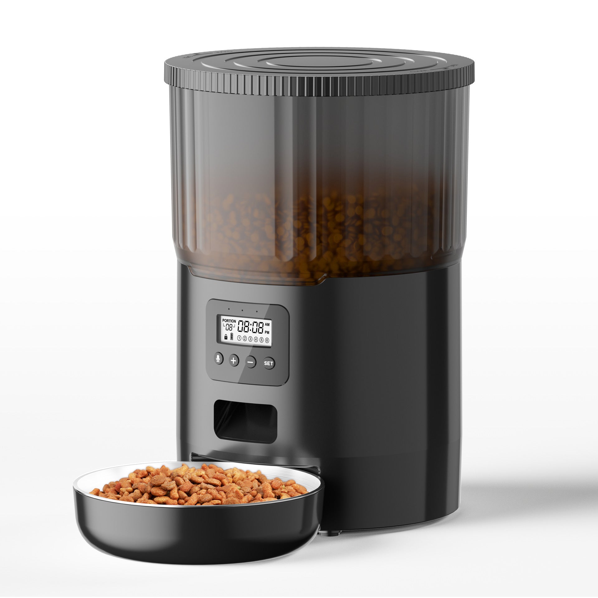 Automatic pet feeder with black body, clear drum, LCD display, and open food bowl