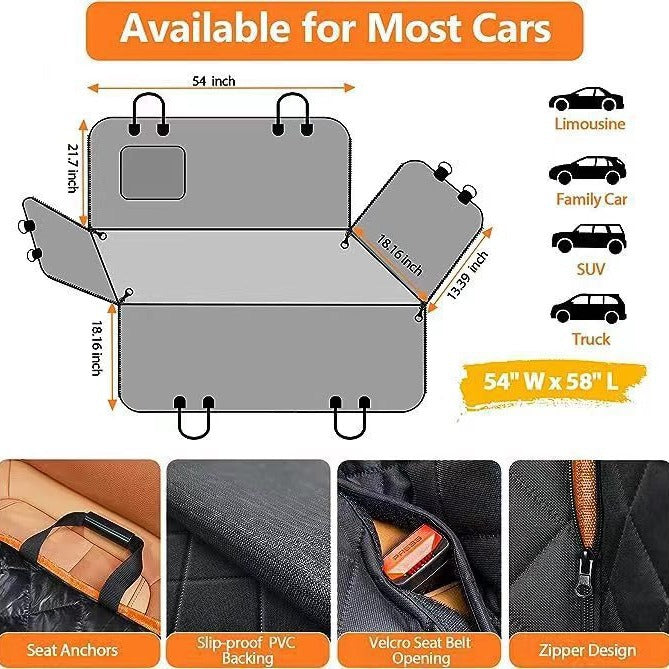 Car pet mat size diagram, 54" W x 58" L with seat anchors and strap points
