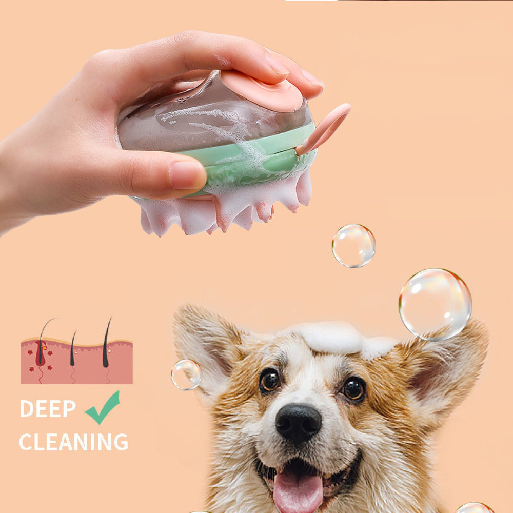 Green soap-dispensing grooming brush for pets, suds and bubbles